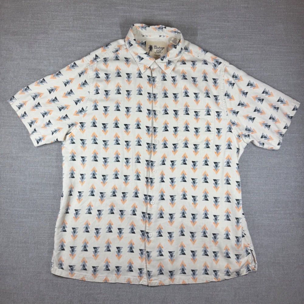Vintage Silk‎ Mens XXL 100% Silk Button Down Shirt Geometric Triangle Print